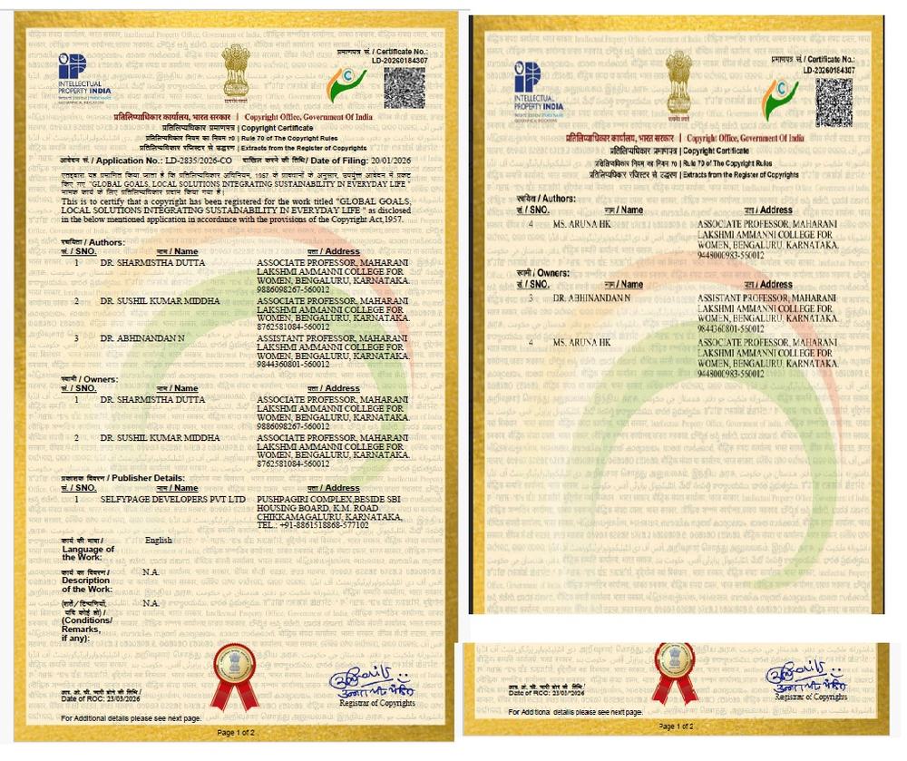 A Milestone Achievement: Copyright Granted for Faculty Publication to Dr. Sharmistha Dutta, Dr. Sushil Kumar Middha, Dr. Abhinandan N, and Ms. Aruna H K