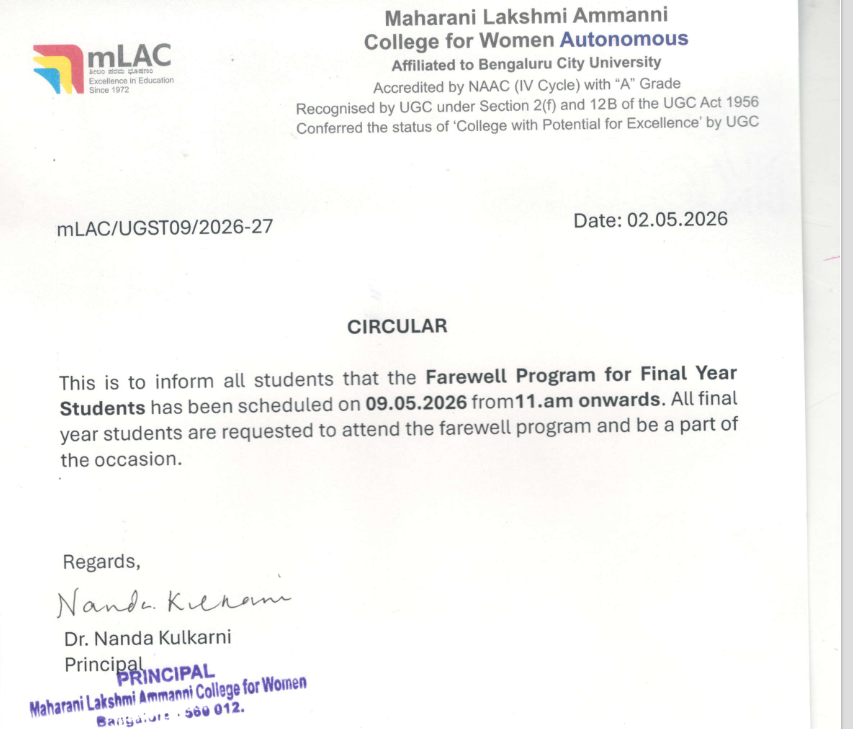 Farewell Program for Final Year students on 09.05 .2L26 from 11.am onwards.