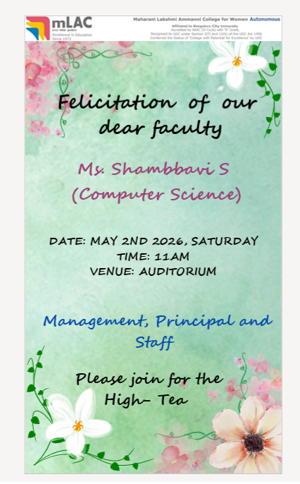 All are invited -felicitation function for Ms. Shambhavi S., Assistant Professor, Department of Computer Science