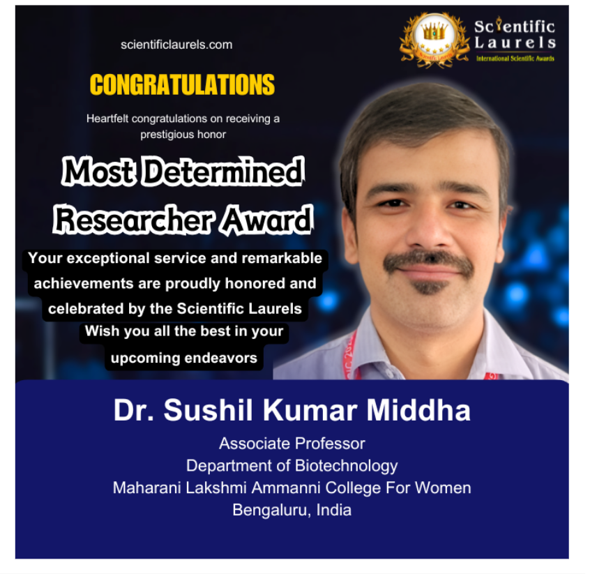 Dr. Sushil Kumar Middha Honored with “Most Determined Researcher Award”