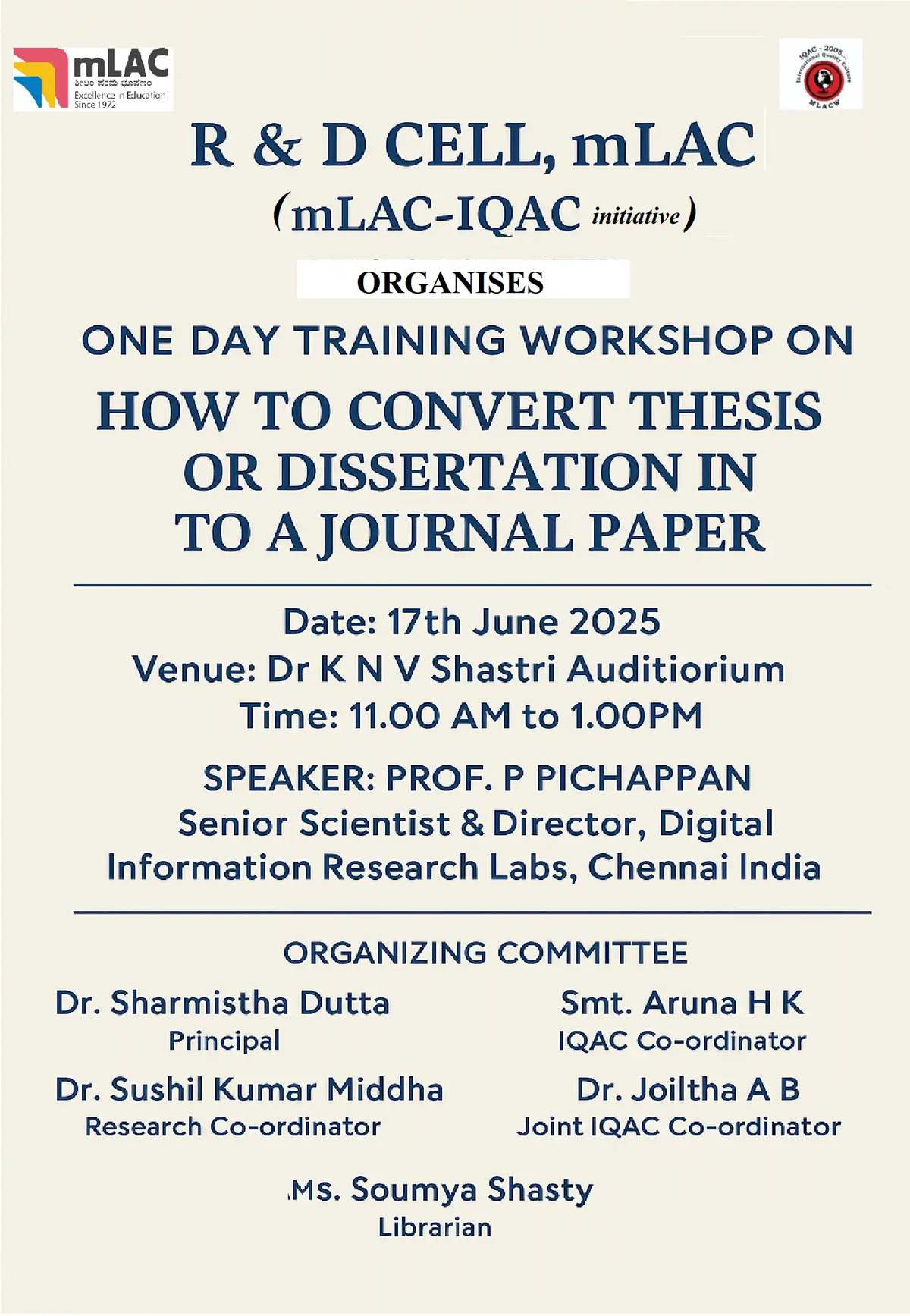 One day training workshop on How to convert thesis or dissertation in to a journal paper, June 17 - 2025