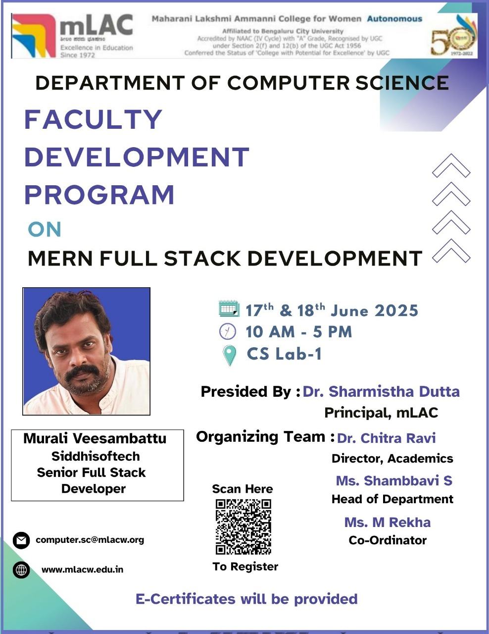 Two-day FDP program organized by the Computer Science Department on MERN Full Stack Development.June 17th& 18th