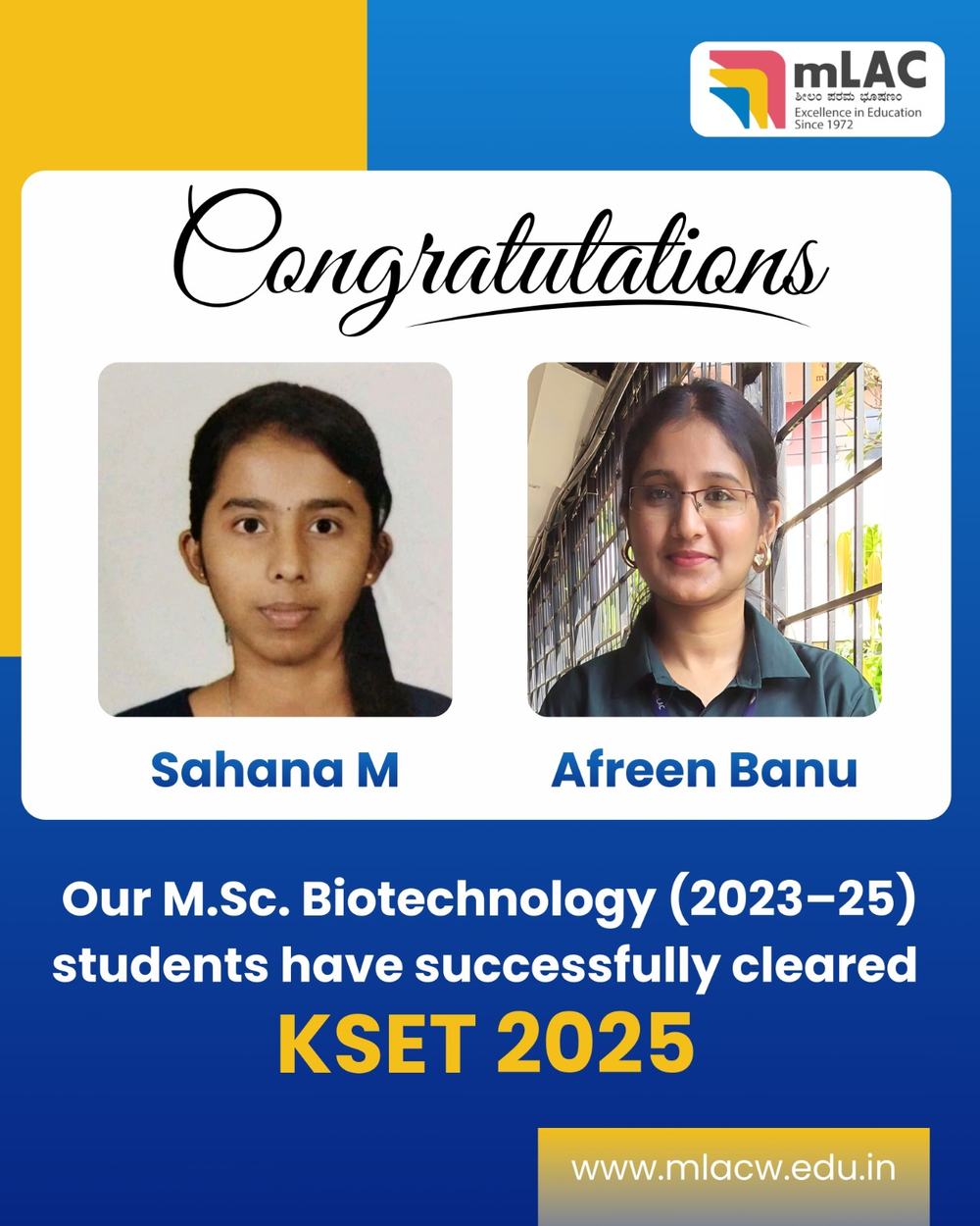 Our M.Sc.Biotechnology students have successfully cleared KSET 2025
